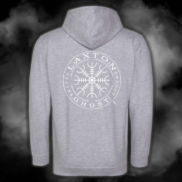 Grå LaxTon Ghost-hoodie med Vegvísir-logga, fram- och baksida