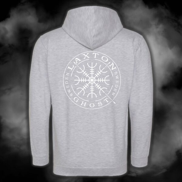 Grå zip-hoodie med LaxTon Ghost Sweden Vegvísir-logga på ryggen