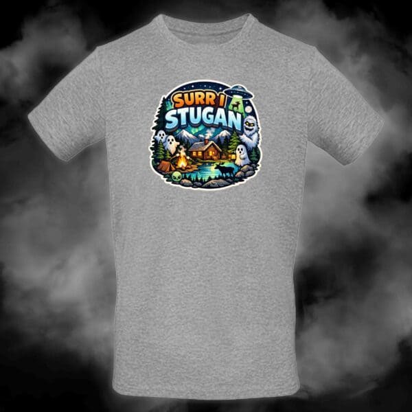 Grå t-shirt Surr i stugan – spökjakt- och mytkampdesign på bröstet