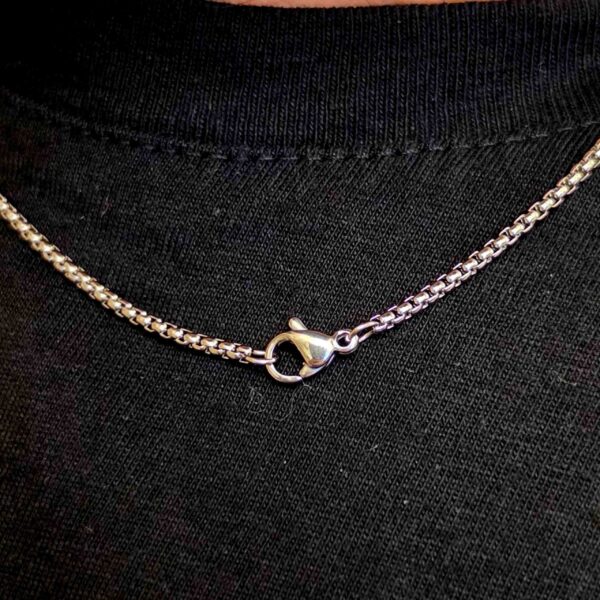 Silverfärgat boxkedja och karbinhake på LaxTon-halsband, närbild